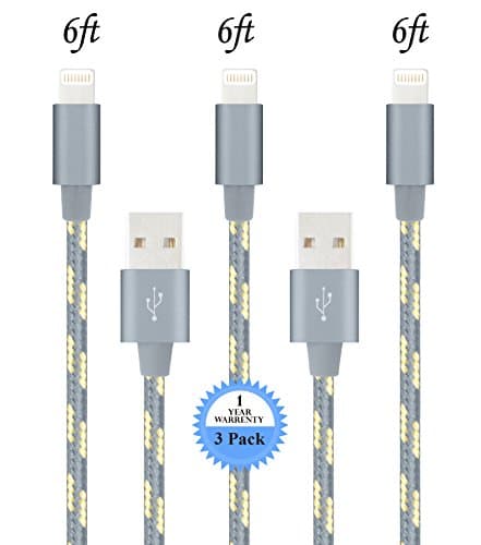 LOVRI 3Pack 6FT Nylon Braided Tangle Free Lightning Charging Cable Cord with Aluminum Heads for iPhone7/7 Plus/ 6/6s/6 Plus/6s Plus/5/5c/5s/SE, iPad Mini Air iPod Nano Touch (gold & gray)