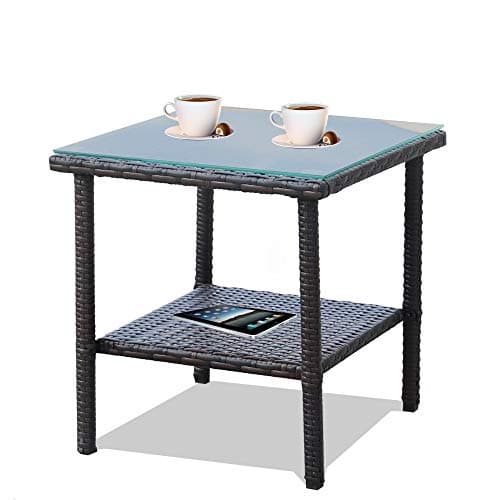 LEAPTIME Patio Side Table Coffee Table Tea Table Mixed Brown Rattan Outdoor Indoor Square Table Balcony Small End Table