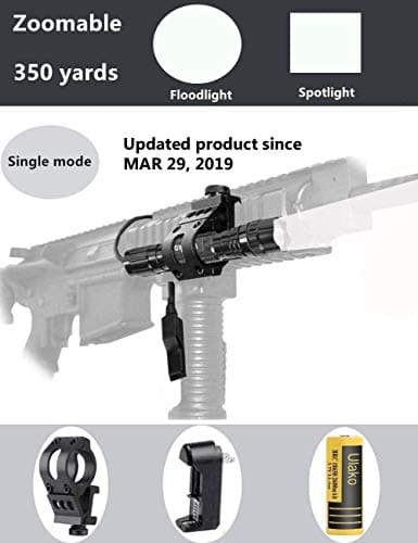 Ulako 350 Yards Zoomable Adjust Tactical Flashlight LED Single 1 Mode Coyote Hog Pig Varmint Predator Hunting Flashlight Torch for AR15 Rifle Shotgun Offset Mount