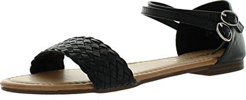 Jade Footwear Women's Braided Ankle Strap Buckle Basic Comfort Flat Sandal,Black,8.5