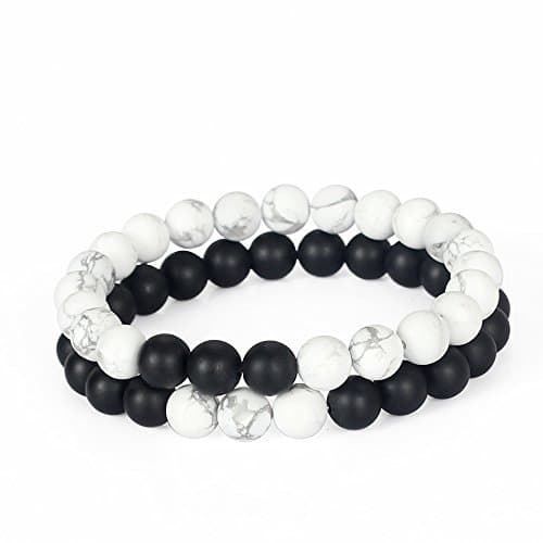 Dilusso His & Hers Matte Howlite & Agate Gemstone Beaded Matching Couples Distance Bracelet