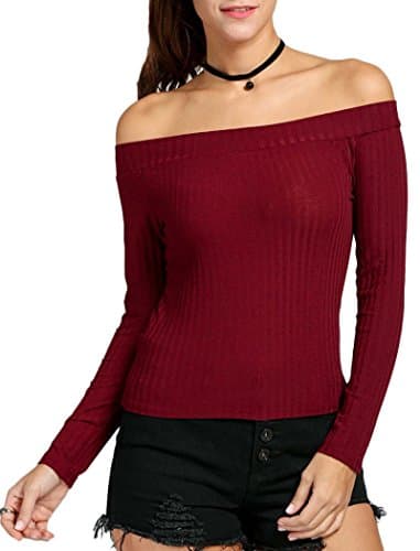 Women Solid Slim Fitted Off the Shoulder Long Sleeve Blouse Top T Shirt Wine Red