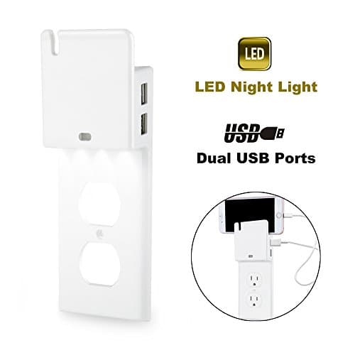 ELECTEK USB Charger Wall Plate with LED Night Light and 2 USB Charging Ports (Total 3.1A), White LED Sensor Night Light and Phone Holder for Duplex Outlet, Easy Installation, White