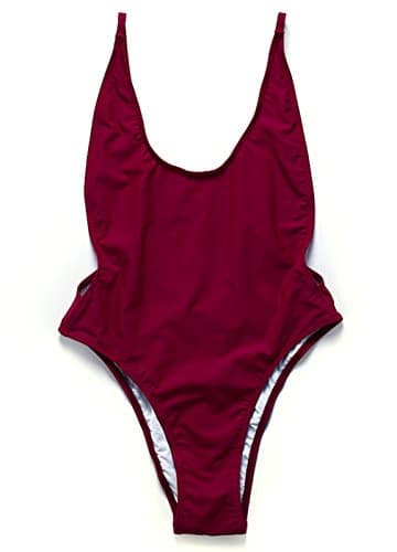 Cuplum Sexy Solid Color One Piece Swimsuit Backless U-Neck High Cut Bathing Suits (M(US 6-8), RED/CO1701)