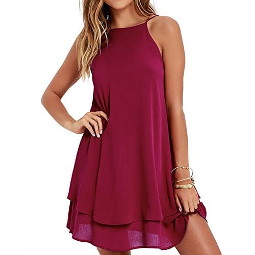 BestJuly Womens Swing Backless Loose Solid Colour Chiffon Summer Spaghetti Strap Beach Dress