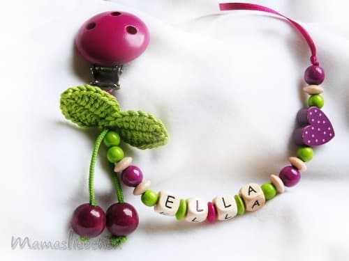 Pacifier chain / Dummy holder, keeper personalized name, cherry, heart and wood clip, purple (item 1064)