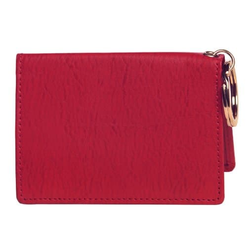 Folding ID RED Small Leather Bifold ID Card Holder Wallet with Keychain for Men + Women