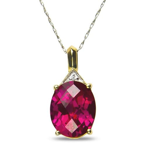 Ladies Diamond Accent Necklace Pendant with Complementary Chain with Created Ruby in 10k Yellow Gold