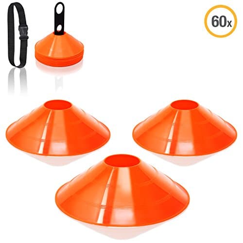 High Pulse 60 Count Durable, Long-lasting, High Intensity Colored Agility Cones perfect for Soccer, Football, Track and Field Hockey Training | Carrying Strap and Stand Included by Red