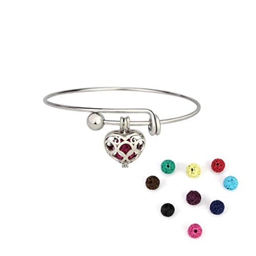 LEPENN Stainless Steel Expandable Bangle Essential Oil Diffuser Bracelet with Locket Pendant Lava Stone