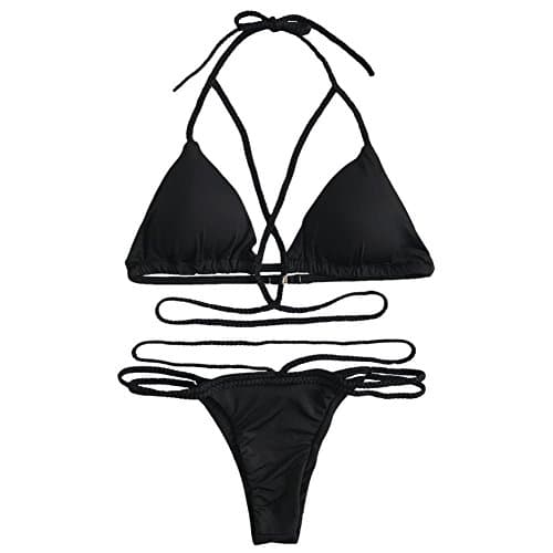 Saitai Women's Braided Double Straps 2pcs Halter Padding Bikini Set Swimsuit (X-large, Black)