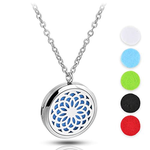 Lotus Shape Stainless Steel Diffuser Locket Essential Oil Pendant Set,with 24'' Premium Chain + 5 Thick Pads