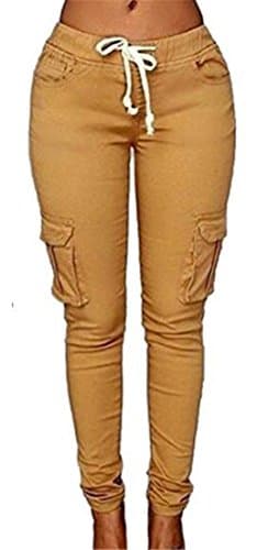 Cruiize Womens Casual Stretch Drawstring Skinny Solid Cargo Jogger Pants Khaki Medium