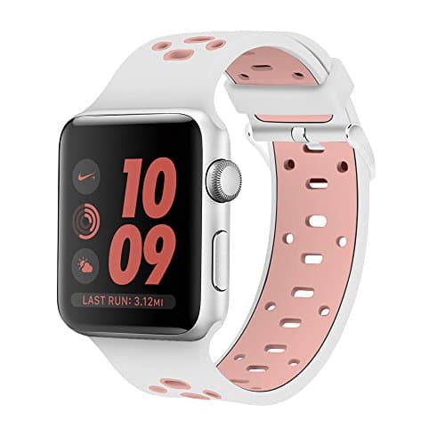 Element Works Adjustable Soft & Flexible Wrist Apple Sport watch band 38mm/42mm | Nickel-Free & Hypoallergenic Silicone Watch Band | Breathable Replacement Bands for Apple Watch Series - (white+pink)