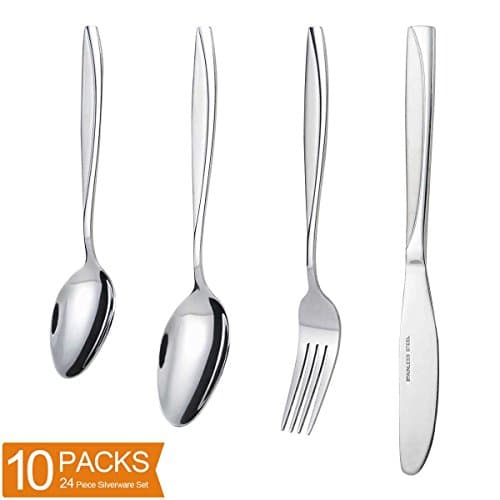 Silverware Set, MDEALY 10 Packs 24 Piece Flatware Set for 6, Stainless Steel Knive Spoons and Forks Set with Leaf Matte Handle, 6 Pcs each of Knive, Dinner Spoons, Dinner Forks, Tea/Dessert Spoons