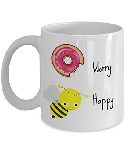 Donut Worry, Be Happy Mug - 11 oz Ceramic Coffee, Tea Cup Cute Gift