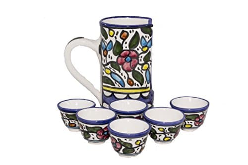 Arabic Decorative Coffee Cup (1 fl. oz.) - Handmade and Hand Painted Ceramic Crafted By Hebron Artisans, 6 Pieces - (1.5" x 2" x 1.5") Holder - (5.5" x 3" x 5.5")