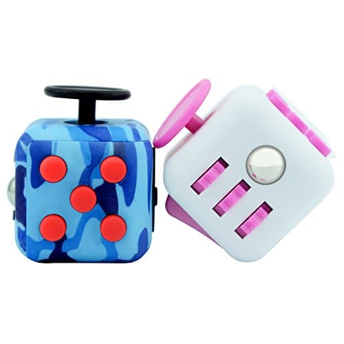 Fidget Cube Set for Fidgeters! Fidget Click Cube Toys Relief Stress, Anxiety, and Boredom for Child and Adult with White Cases - One Camo Blue Plus One Rose White