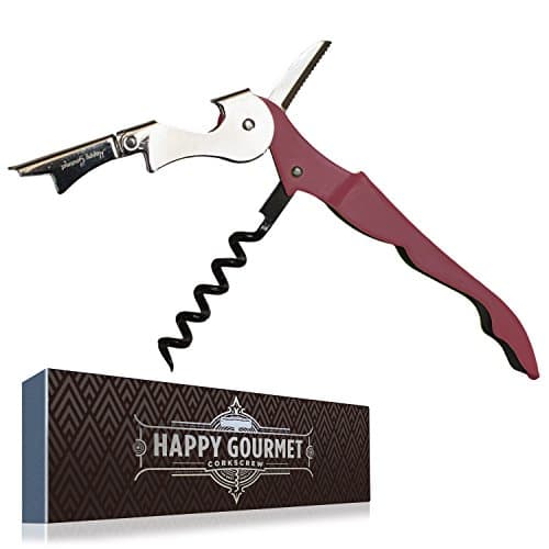 Waiters Corkscrew by Happy Gourmet Kitchenware - All-in-one Corkscrew, Wine Opener, Bottle Opener and Foil Cutter (Wine Red)