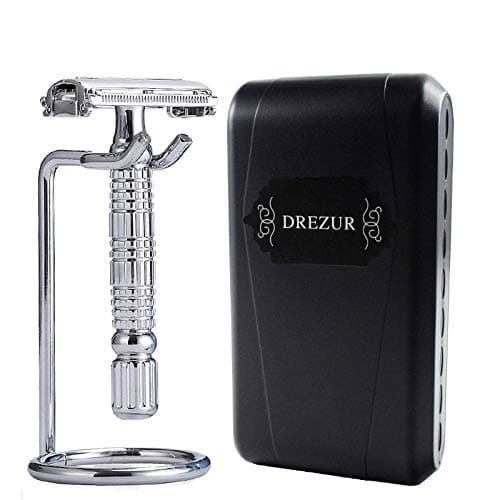 Butterfly Safety Razor with Stand, DREZUR Double Edge Razor(Includes 10 Premium Razor Blades + Carry Case), Gift for Men, Chrome Plate - Silver