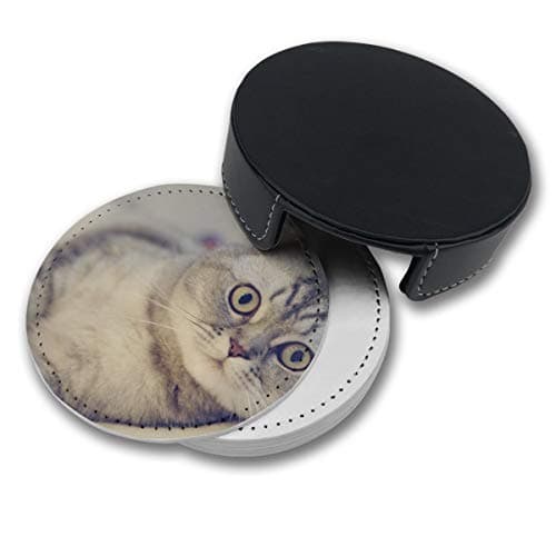 NGFF Scottish Fold Cat Up Gray Cat Pets Round Drinks Coasters with Holder Set of 6 PU Leather Cup Pads