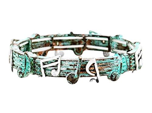 Music Note Bracelet D6 Stretch Bangle Staff Silver Burnished Patina Verdigris
