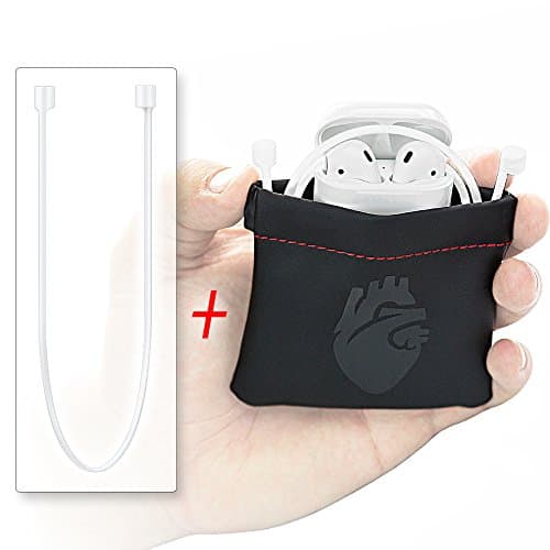 AirPods Travel Case + WHITE Tether Earbuds Strap COMBO by ZLS • Easy-to-Open Tension Collar Protective Carrying Pouch & Anti-lost Silicone Security Earphones Leash Accessory for Apple iPhone7 + 8 + X
