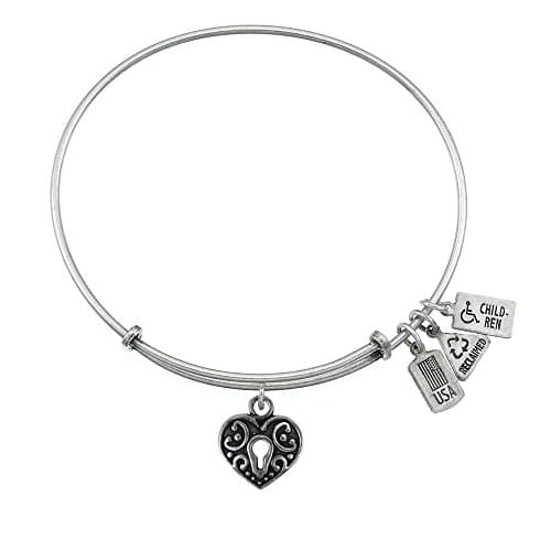 Wind and Fire 3-d Heart with Lock Silver Medal Charm Bangle