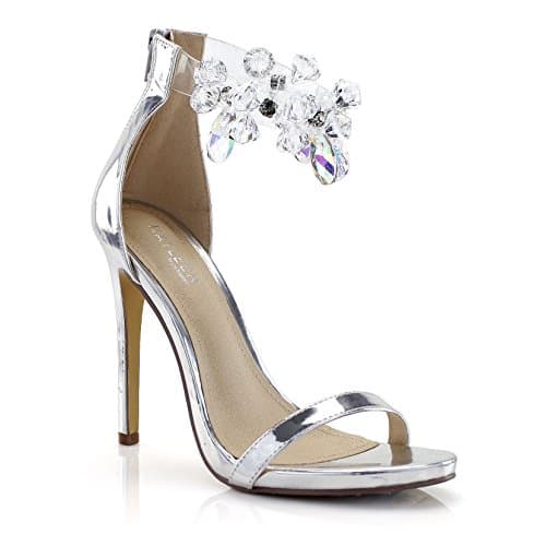 FOREVER VOGUE Clear Ankle Strap with Faux Gem Open Toe Stiletto Heel Sandals, Silver, 8 M US