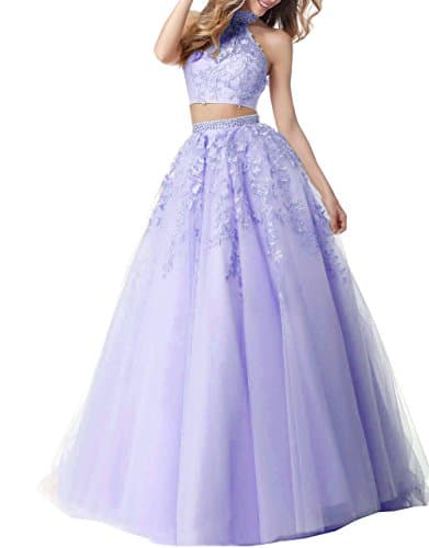 SHNE Women's Elegant Beaded Halter Open Back Long Two Piece Lace Tulle Evening Formal Prom Dress Lavender US10