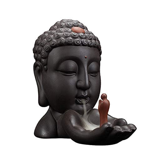 Meyue Buddha Head Waterfall Backflow Incense Burner with 10pcs Backflow Incense Cone, Home Ceramic Decoration Handicraft Gift Backflow Incense Cone Holder Burner