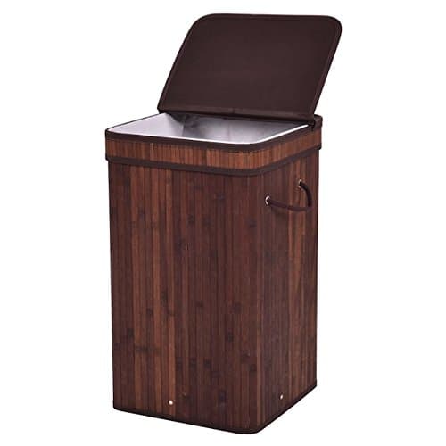 Brown Square Bamboo Hamper Laundry Basket With Folding Lid Bathroom Bedroom Cloth Sorter Storage Home Decor Clothes Wash Washing Organizer Bin Bag Portable Cotton Canvas Liner