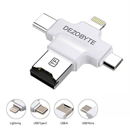 DezoByte 4 in 1 Micro SD Card Reader with Lightning/USB/Micro USB/Type C Connector for iPhone iPad Android Type C phones/Mac/PC
