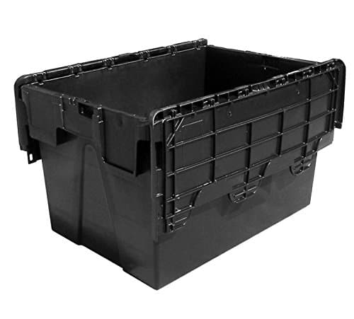 Plastor 5 x Plastic 62 Litre Heavy Duty Storage Boxes (60 x 40 x 36.5cm) Black Crates with Attached Hinged Lids