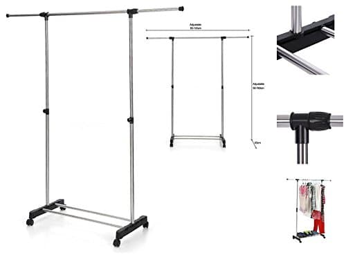 JTW-Heavy Duty Hanger Single Adjustable Rolling Clothes Rack Hanging Portable Space saving & conveniently & Heavy Hanger stainless steel and PP plastic Max.10kg Silver Black color