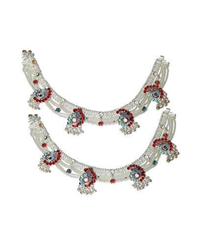 Silver Plated Multicolor Designer Ghungroo 2piece Anklet Set TA53