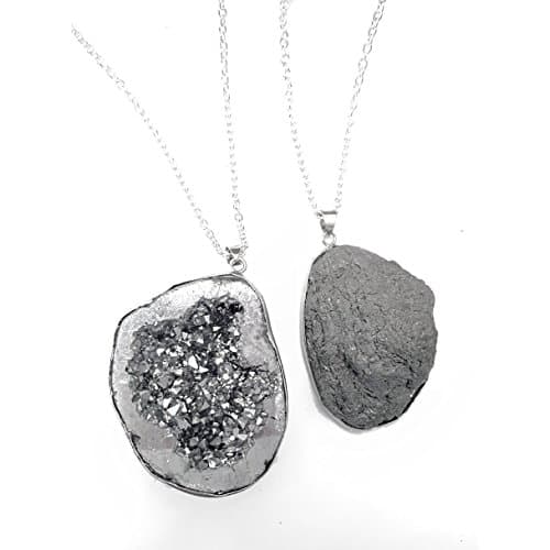 Silver Geode Druzy Quartz Crystal Stone Pendant Silver Plated 30" Necklace