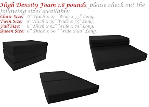 Tri-Fold Foam Bed, Tri-Folded Mattress, High Density Foam 1.8 lbs, 6 in Thick Mattresses. (Chair Size 6x27x75, Black)