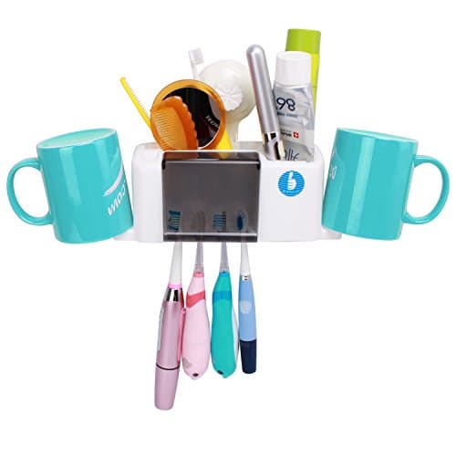 Linsam Wall Mounted Toothbrush Holder, 4 Toothbrushes Slots 2 Cups Storage Set with Suction Cup for Bathroom and Hotels White