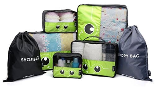 Packing Cube System 7 Piece Mesh Luggage Organizer Laundry Shoe Bag for Travel (Greenery)