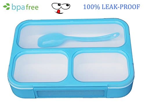 Lunch Box with Leak-Proof Lid plus Spoon - MICROWAVE SAFE - 3 Compartment NON-MIX Meal Prep Container - Best Storage for Food Portion Control - BPA-free and FDA Approved | Blue