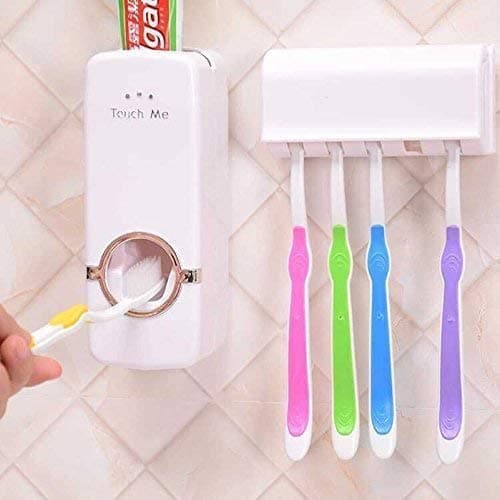 CRAFTSWORTH Plastic Toothpaste Dispenser Automatic with 5 Toothbrush Holder with Sticky Suction Pad (White)