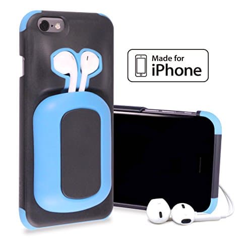 *NEW* Apple iPhone 6 / 6s Case Cover. Built-in Headphone Earpod Earphone Earbud Storage Holder. Shock Absorbing and Protective Bumpers. (BlueOcean/Black)