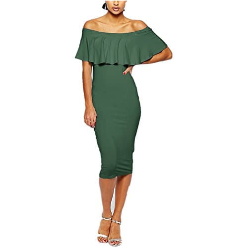 Gemory Women's solid off shoulder ruffle fitted midi dress bodycon pencil dress
