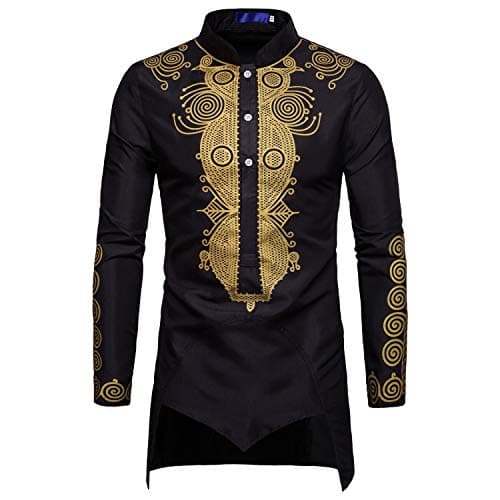 Tootless-Men Basic Style African Dashiki Stand Up Collar Shirts Black1 S