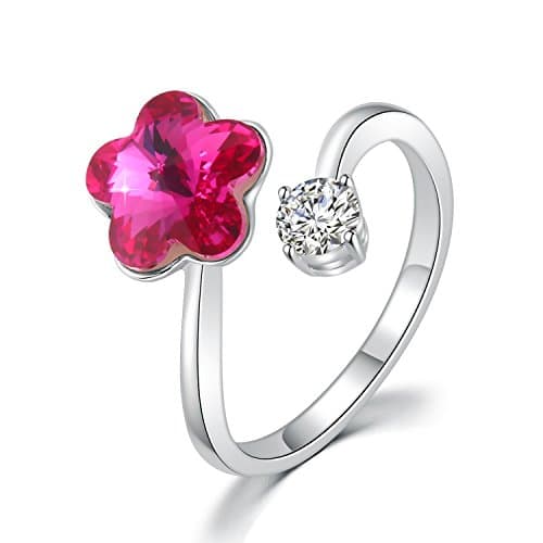DRMglory Plum Flower Adjustable Ring Star Crystal Open Ring Princess Cut Finger Rings Jewelry Gift For Women Girls, Bithday Wedding Xmas Mother's Day, Red