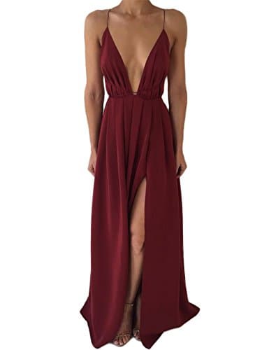 DUBACH Womens Chiffon Spaghetti Strap Deep V Neck High Slit Maxi Beach Dress