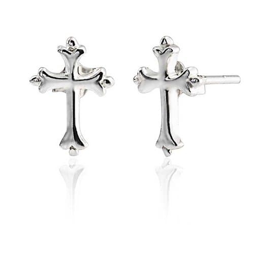 Flur De Lis Cross Religious Tiny Stud Earrings For Women Men For Teen Communion Gift Polished 925 Sterling Silver