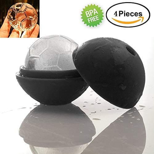 Ice Soccer Ball Molds For Bars And Kitchen Easy Release Silicone Flexible Removable Lid Lightweight Durable Spherical Dishwasher Safe Spill-Resistant 4-Pack (Black)