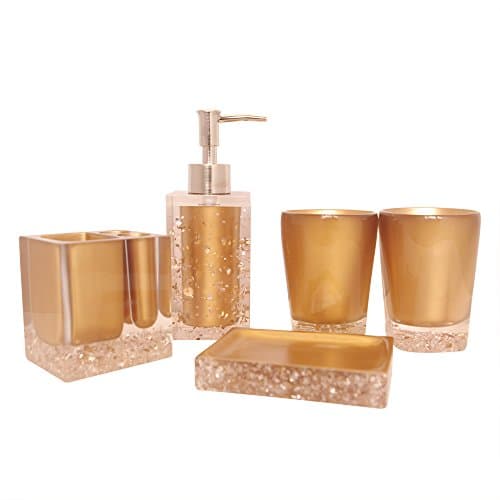 NarwalDate 5 pieces Bathroom Accessory Set Upgraded Version Acrylic With Crystal, Including Toothbrush Holders,Gargle Tooth-brushing Tumbler,Soap Dishes,Soap & Lotion Dispenser Pump (Gold)